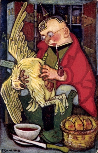 Artist Postcard Sancha, The Hen that laid the Golden Eggs, Caricature Germany WWI