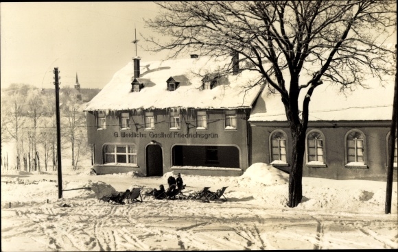 Postcard Hammerbrücke im Vogtland, commission restaurant Weidlich&#39;s Gasthof, winter