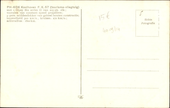 Postcard Dutch passenger aircraft, PH KOK Koolhoven FK 57