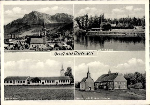 Postcard Teisendorf in Upper Bavaria, general view, church, swimming pool, school, rectory, St. Anna Chapel