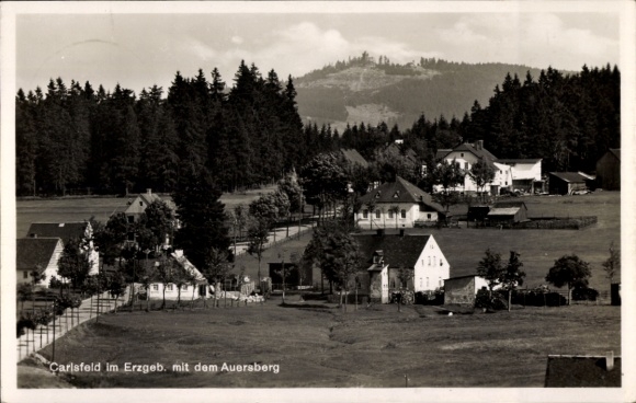 Postcard Carlsfeld Eibenstock in the Ore Mountains, partial view with Auersberg