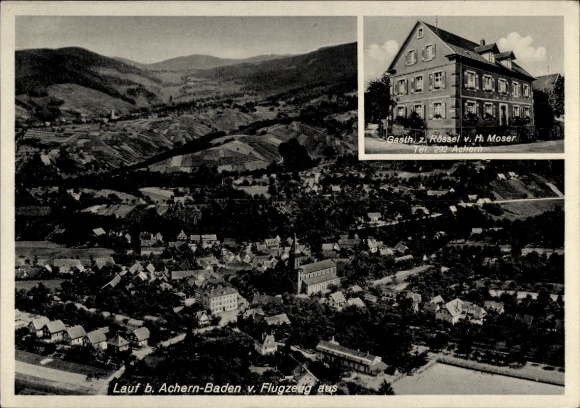 Postcard Lauf in Baden Black Forest, aerial view of Lauf, Gasthaus Rössel, mountains in the background