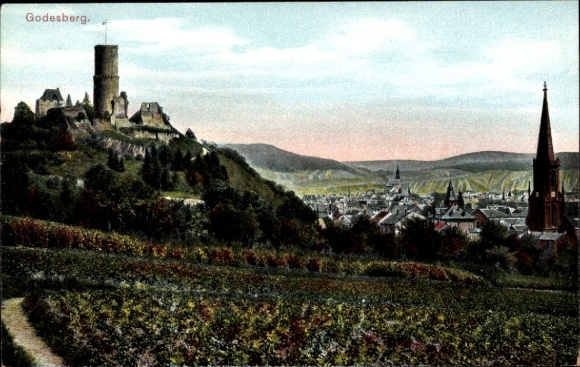 Postcard Bad Godesberg Bonn am Rhein, panorama, church, tower