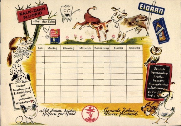 Timetable Eidran toothpaste, tooth fluoride, tooth decay, lime tooth fluoride inhibits tooth decay circa 1960