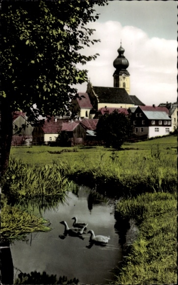 Ak Eslarn, Blick ins Loisbachtal mit Kirchturm, Entenfamilie