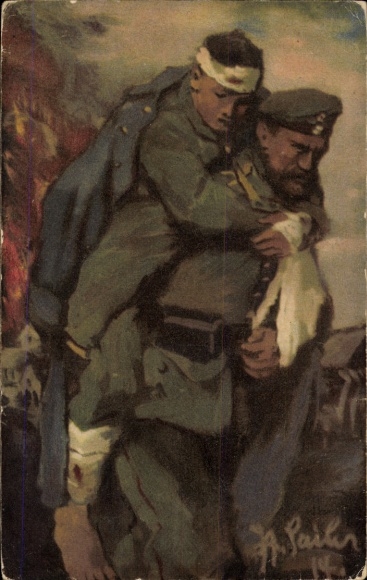 Artist Postcard Sailer, Injured soldier being carried by comrades, World War I, Red Cross