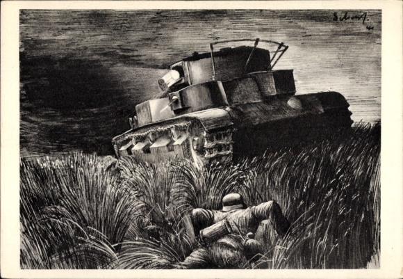 Artist Postcard Wehrmacht soldier, T 28 tank, tank destroyer, Russian campaign, II WW