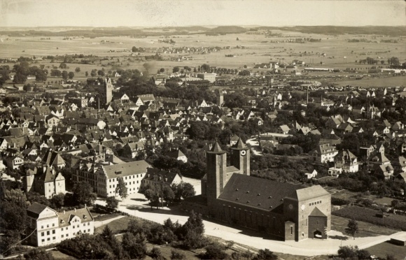 Postcard Memmingen in Swabia, aerial photograph, church