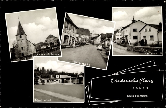 Postcard Unterschefflenz Schefflenz in Baden, church, school, swimming pool, street area