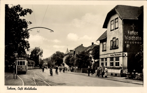 Postcard Tabarz in the Thuringian Forest, Café Waldbahn, tram towards Gotha, stop