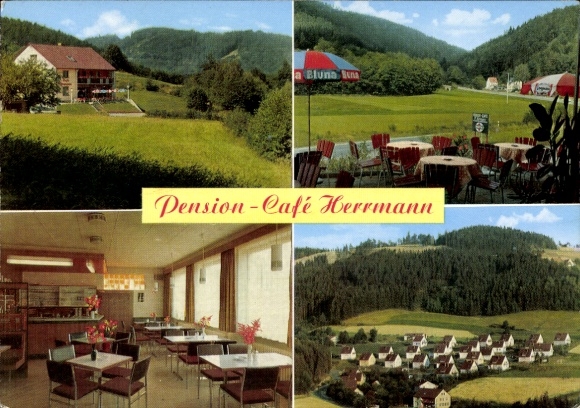 Postcard Escherlich Bad Berneck in the Fichtelgebirge Bavaria, Pension-Café Herrmann, exterior view, interior view