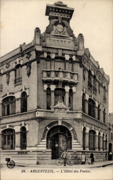 Ak Argenteuil Val d'Oise, Hôtel des Postes, neoklassizistische Architektur, Radfahrer