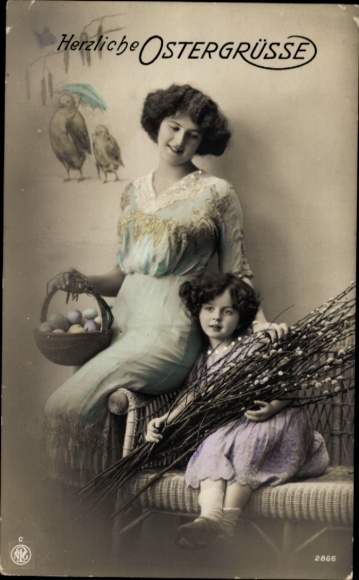 Ak Glückwunsch Ostern, Frau mit Kind, Ostereier, Weidenkätzchen, Küken