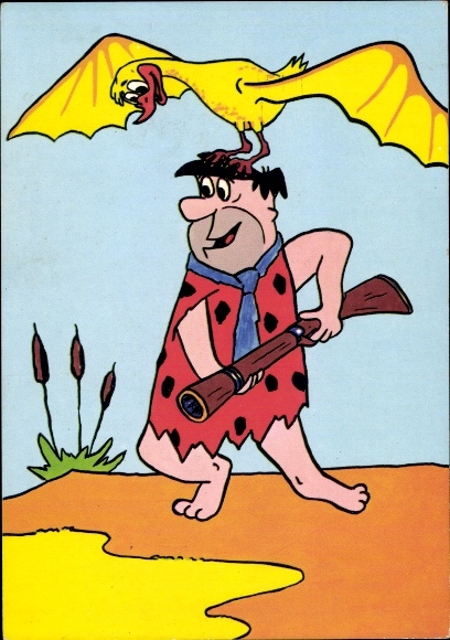 Postcard family flintstone, Fred, rifle, pterosaur