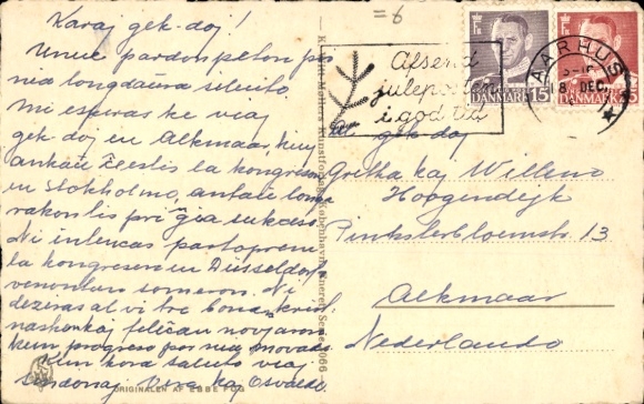 PC Merry Christmas, Denmark 1951, Esperanto