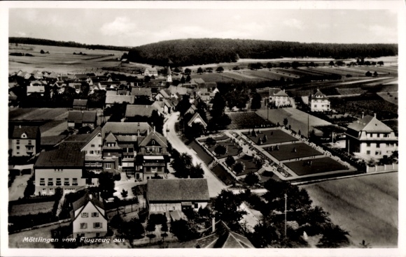 Postcard Möttlingen Bad Liebenzell in the Black Forest, aerial photograph of residential buildings, agricultural area