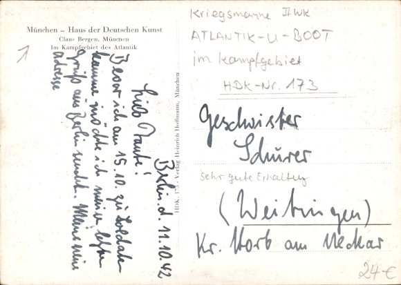 Artist Postcard Bergen, Claus, German U-boat, Type VII, In the combat zone of the Atlantic, Kriegsmarine, HDK 173