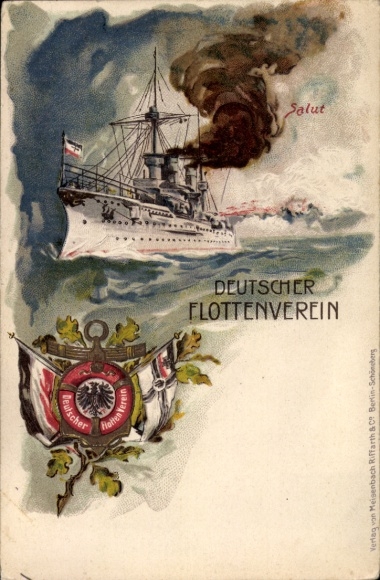 Chromo-Litho German Fleet Association, German warship, salute, flags, Imperial Navy