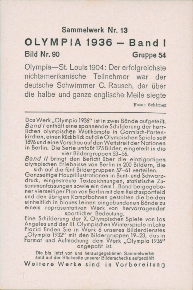 Collector's card Olympics 1936, Olympic Games St. Louis 1904, swimmer C. Rausch