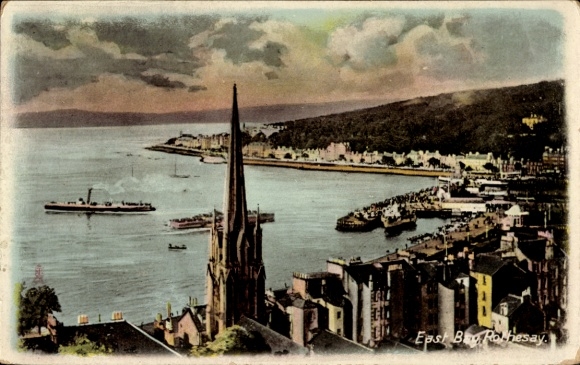 Postcard Rothesay Island of Bute Scotland, top view of harbor, church, boat, mountain scenery