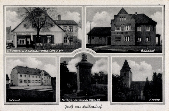 Postcard Wallendorf Schkopau Saxony-Anhalt, bakery Otto Keil, train station, school, war memorial, church