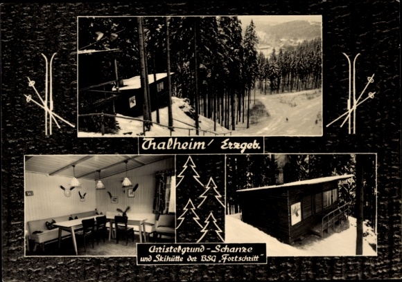 Ak Thalheim im Erzgebirge, Christelgrund-Schanze und Skihütte der BSG Fortschritt, Winteransicht