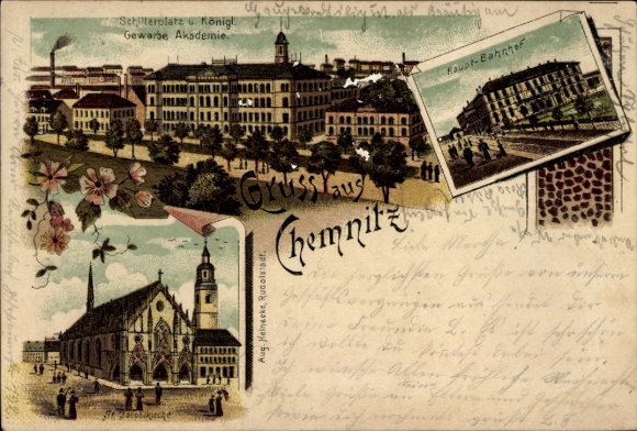 Chromo-Litho Chemnitz in Saxony, Schillerplatz, Trade Academy, Main Station, Jacobi Church