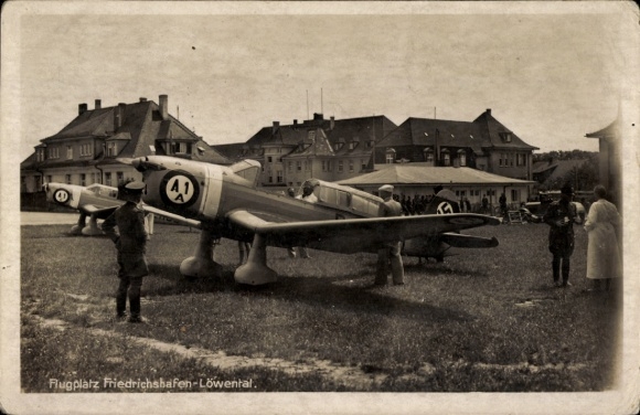 Postcard Löwental Friedrichshafen on Lake Constance, airfield, Fieseler aircraft A1A
