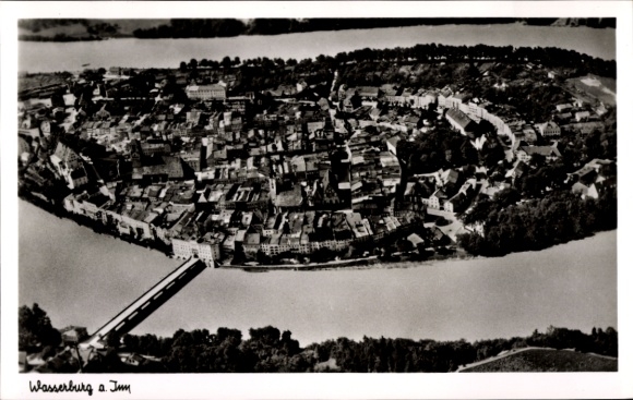 Postcard Wasserburg am Inn Upper Bavaria, aerial view of Wasserburg, Inn, bridge