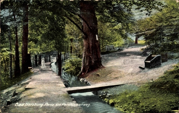 Ak Bad Harzburg am Harz,  Partie am Philosophenweg, Bäume, Weg, Brücke