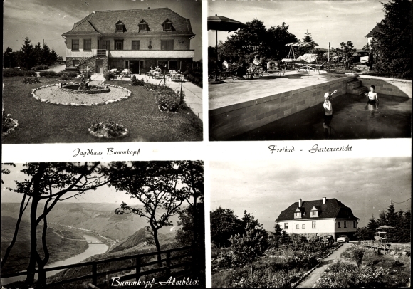 Postcard Briedel on the Moselle, hotel and hunting lodge, outdoor pool partial view Bummkopf Almblick
