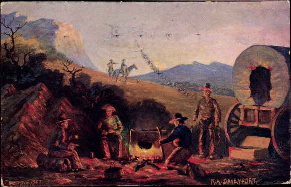 Artist PC Davenport, RA, The Camp Fire, Cowboys at the campfire