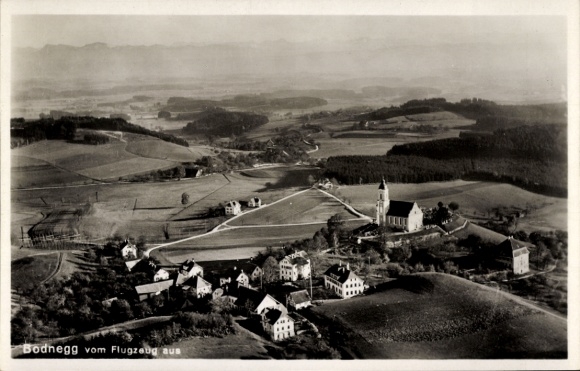 Postcard Bodnegg in Upper Swabia, aerial view of church visible, rural surroundings, no people