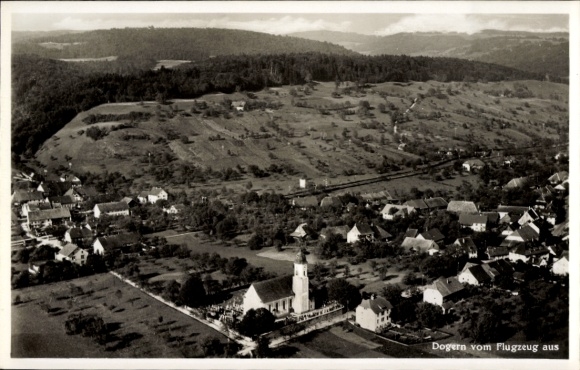 Postcard Dogern am Rhein, aerial view of church visible, rural surroundings, houses, trees