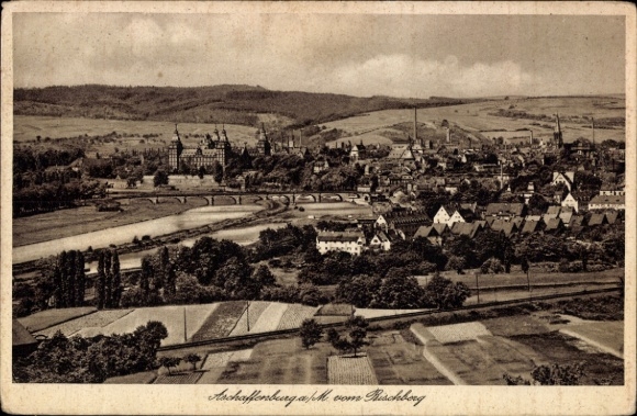 Postcard Aschaffenburg in Lower Franconia, landscape, river, bridge, building