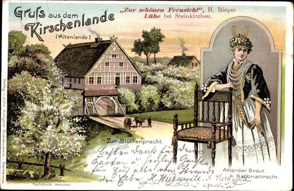 lito Jork w Altes Land, Kirschenland, Fährhaus Lühe, kwiatowy przepych, panna młoda Altländer w tradycyjnym stroju