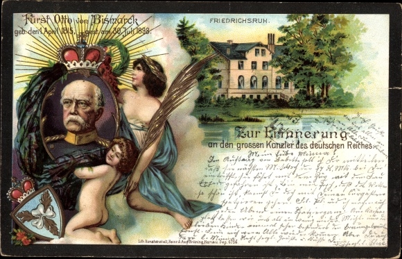 Passepartout Chromo-Litho Friedrichsruh Aumühle Lower Saxony, Bismarck, Castle, funeral card 1898