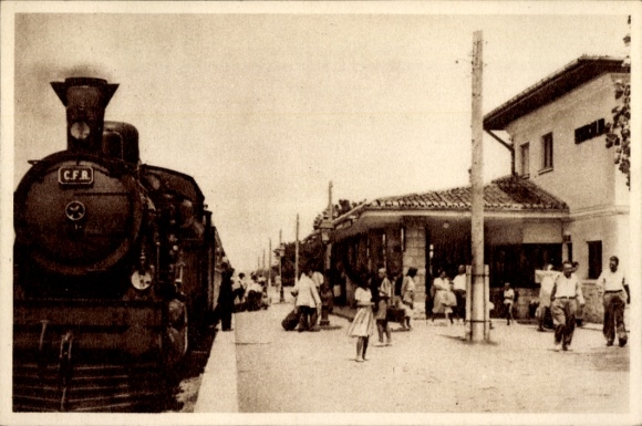 Postcard Mangalia Romania, train station, track side, steam locomotive, CFR