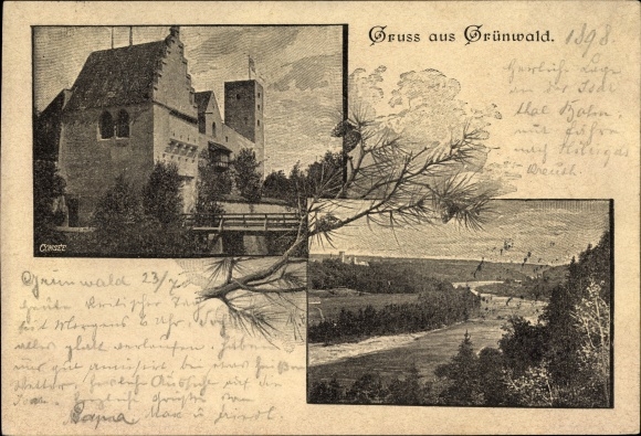 Postcard Grünwald in the Munich district of Upper Bavaria, view of Grünwald Castle, Isar Valley