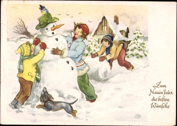 Happy New Year, children building a snowman, dachshund