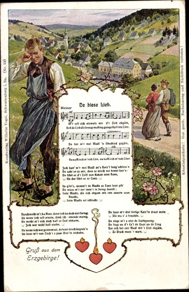 Song Postcard Vogel, Wilhelm, De biese Lieb, Erzgebirge, lovers, crying man