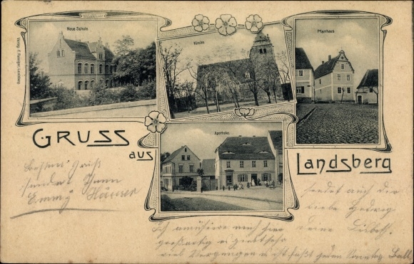 Postcard Landsberg Saalekreis, vicarage, pharmacy, church, school