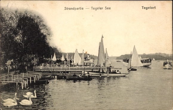 Postcard Berlin Reinickendorf Konradshöhe Tegelort, beach, boat docks, Tegeler See