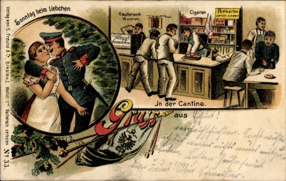 Chromo-Litho German soldiers in the canteen, Sunday with their sweetheart