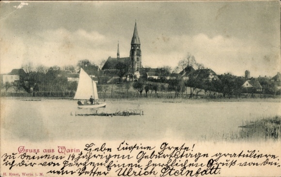 Postcard Warin in Mecklenburg, church, sailing boat