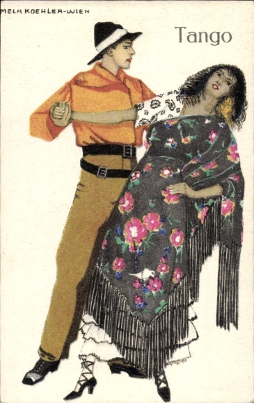 Artist Postcard Koehler, M., dancing couple, tango, dance, folk costumes