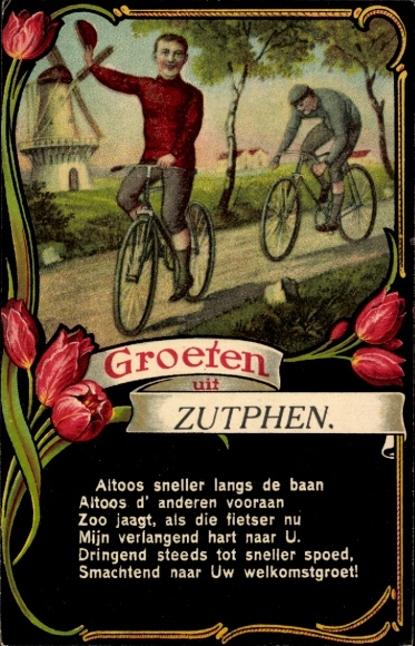 Gedicht Passepartout Ak Zutphen Gelderland, Fahrräder, Radfahrer, Tulpen