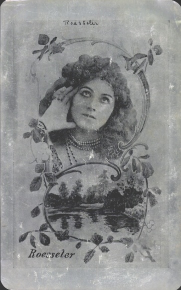 Metal Postcard portrait of a young woman, leaves, river
