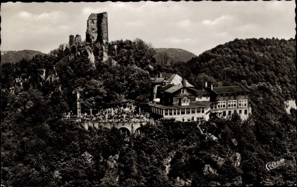 Postcard Koenigswinter am Rhein, Drachenfels, hotel restaurant, ruins