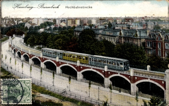 Postcard Hamburg Nord Barmbek, elevated railway line, panorama